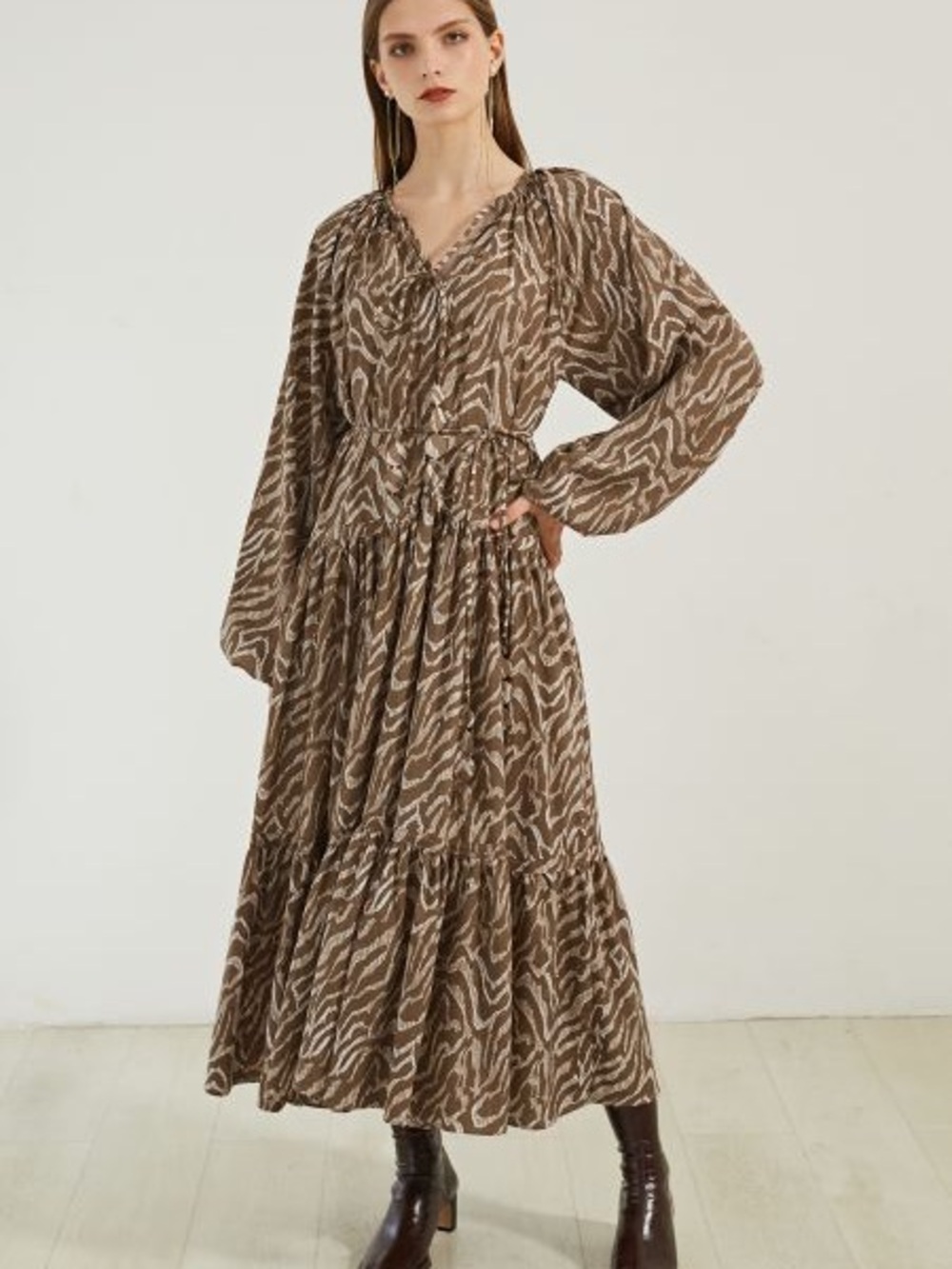 Beulah Brown Oversized Animal-Print Tiered Maxi Dress
